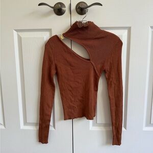 Zara Rust Ribbed Knit Turtleneck Asymmetrical Top